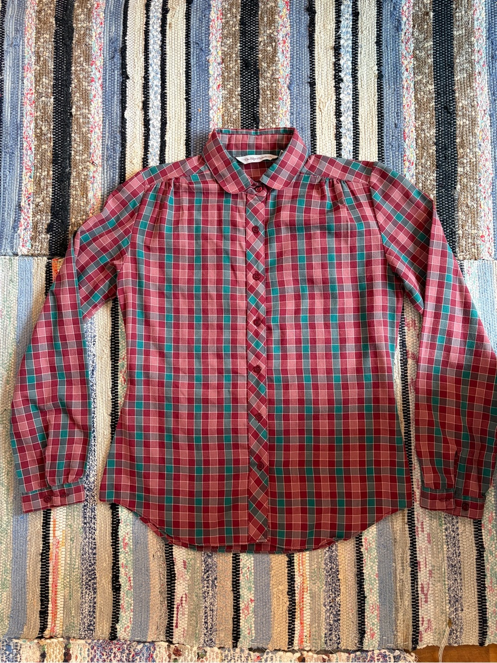 Early 80’s Red and Teal Plaid Long-Sleeve Button-Up Shirt with Peter Pan collar